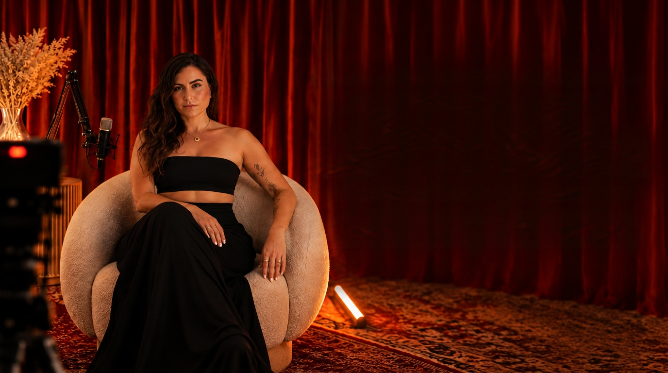 Laura seated in a cream armchair before red theatre curtains, beside a studio microphone
