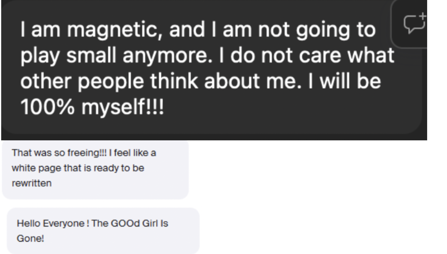 Real participant messages about becoming magnetic and no longer playing small