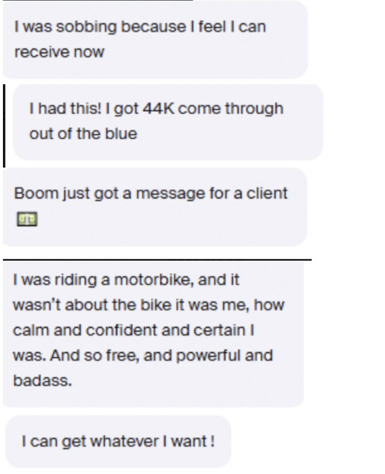 Real participant messages about receiving 44K, attracting a client and feeling confident