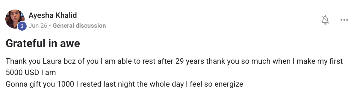 Real participant community post about being able to rest after 29 years